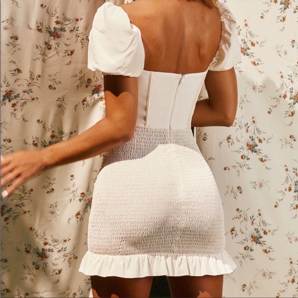 Pretty Sight Puff Sleeve Shirred Mini Dress in Ivory - Picture 2 of 5